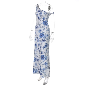 Detail showing blue rose floral print and elegant shoulder knot on white maxi dress