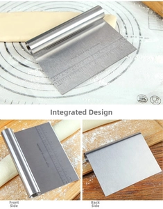 Detail of stainless steel dough scraper showing dual scale measurements and rolled handle