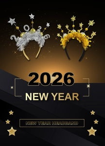 Detail view of gold and silver 2026 New Year headbands with glitter stars for party decor