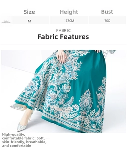 Détail d'une robe longue de style palais avec imprimés floraux et manches trompettes