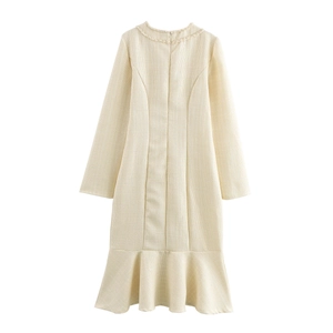 Elegant beige tweed long-sleeve fishtail dress with fringed round neck and back view