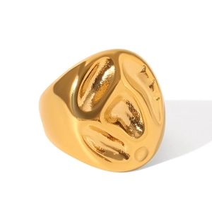 Close-up of golden stainless steel croissant ring with molten lava texture and high polish