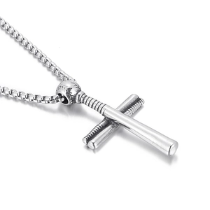 Silver stainless steel cross pendant made of baseball bats on a box chain
