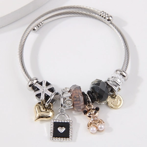 Adjustable stainless steel heart and bear charm bracelet with assorted crystal beads