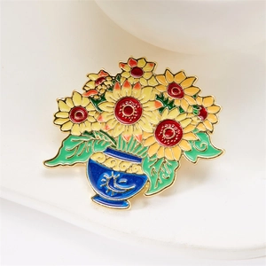 Retro sunflower bouquet in a blue vase enamel brooch with high-quality gold metal base