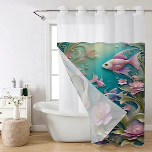 Waterproof waffle fabric shower curtain with pink fish and lotus underwater print