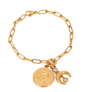 18K gold plated stainless steel paperclip bracelet with zircon moon and coin pendants