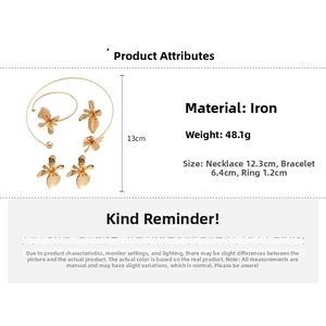 Detailed size specifications for gold hollow flower necklace, bracelet and ring set