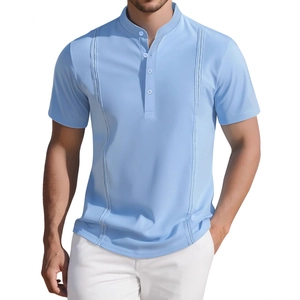 Men's light blue short sleeve Henley shirt with vertical knit texture and button collar