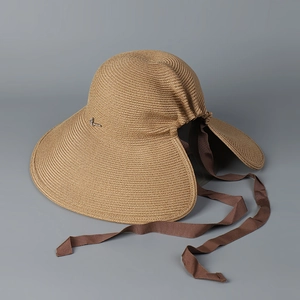 Detail of wide brim straw hat with khaki weave texture and silver metallic buckle