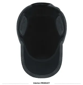 Detailed view of the warm interior lining and thick ear flaps on the black winter hat