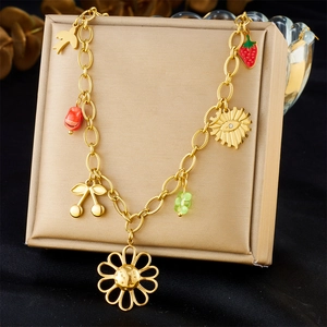 Stainless Steel Gold Plated Multi Charm Necklace Featuring Flower Cherry Strawberry Sun Eye Bird Jewelry For Women