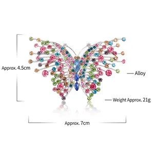 Vintage butterfly brooch featuring colorful rhinestones on a silver alloy base with 7cm size