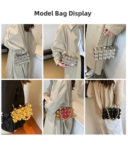 Collage of chic acrylic clutch bags with metallic beads in silver, gold, red, and black