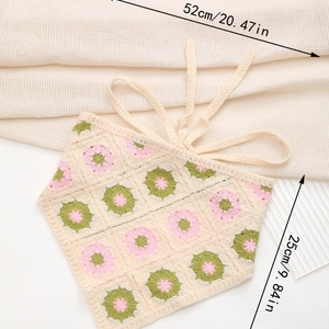 Detailed view of handmade floral knit bandana with dimensions 52cm by 25cm