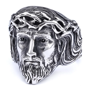 Vintage silver stainless steel ring featuring a detailed Jesus portrait with thorn crown