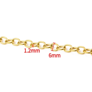 Macro view of 1.2mm gold stainless steel oval link chain showing precise 6mm dimensions