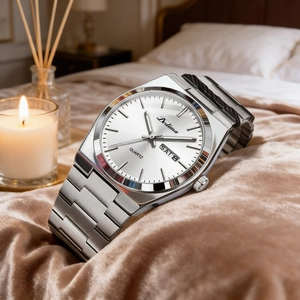 Detailed close-up of men's steel watch with dual calendar display on champagne velvet