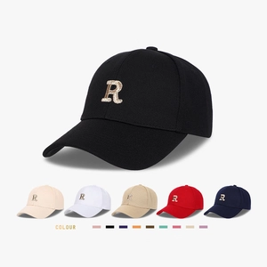Black baseball cap with embroidered R letter logo and six color options shown below
