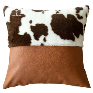 Square cow print faux fur and brown faux leather patchwork decorative pillow cover