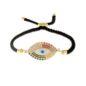Bracciale occhio di Allah placcato oro con zirconi colorati e cordino nero regolabile