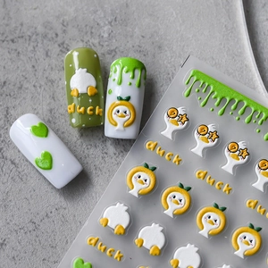5D embossed duck nail art stickers with cute cartoon patterns on grey stone background