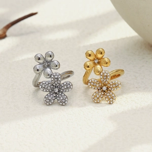 Bagues fleurs en acier inoxydable plaqué or 18K et argent avec pierres zircons