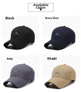 Detail view of cotton baseball caps in black, navy, grey, and khaki with sports embroidery