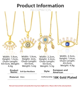 Size chart showing Evil Eye necklace dimensions with 18K gold plated brass specifications