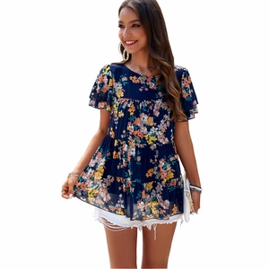 Blouse en mousseline bleu marine à fleurs pour femme avec manches à volants
