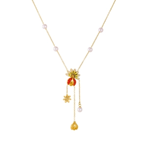 Golden flower bee ladybug pendant necklace with pearls and red enamel insect charms