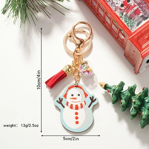 Christmas snowman wooden keychain with red tassel and glitter ball ornament decoration