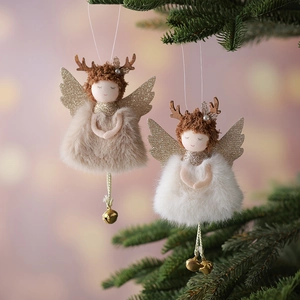 Plush Christmas angel dolls with deer antlers and golden wings hanging on pine branches