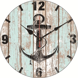 Silent vintage nautical wall clock with anchor motif on ocean blue wood panels