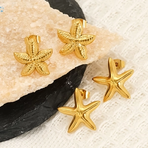 Golden starfish stud earrings set with polished and textured finish on natural rock base