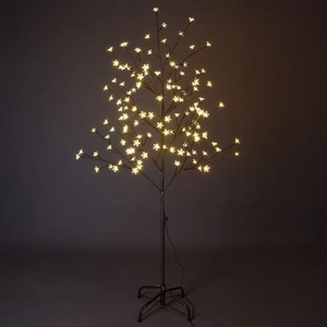 Detailed view of warm white LED cherry blossom tree light with stable metal cross base