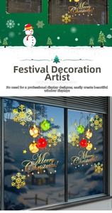 Close-up of golden snowflakes and colorful Christmas ball stickers for holiday window display
