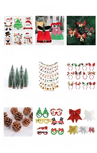 Collection of festive Christmas party supplies, decorations, and holiday accessories