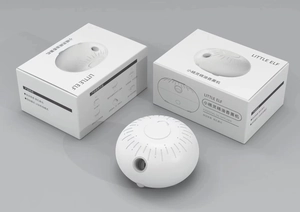 White sphere Little Elf essential oil diffuser showing USB charging and retail packaging