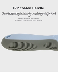 Detail of ergonomic TPR non-slip handle with textured grip on a pet grooming comb
