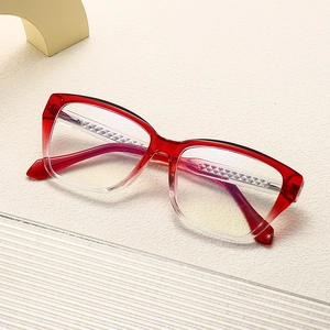 Modern oversized square blue light glasses with red gradient frames and metal accents