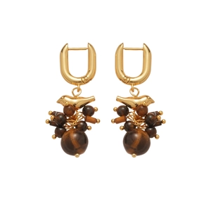 18k gold bird earrings with tiger eye stone tassels and vintage bird motif design