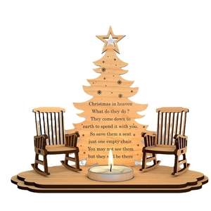 Christmas wooden memorial candle holder with miniature rocking chairs and engraved tree