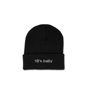 Bonnet En Tricot Pour Femmes Acrylique Revers Nervuré Avec Broderie De Lettres 10'S Baby Hiver Chaud Décontracté Noir