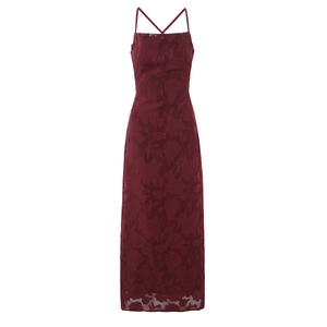 Elegant wine red maxi dress with floral jacquard texture and crisscross back straps