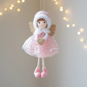 Pink plush Christmas angel girl ornament with mesh skirt and golden heart for Xmas tree