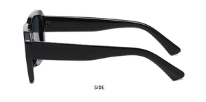 Detailed side view of glossy black rectangular sunglasses frames with metal rivets