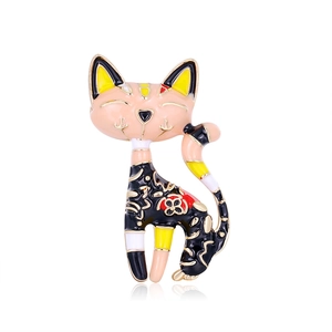 Colorful enamel cat brooch in gold alloy finish on a clean white background