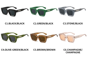 Detail view of retro square frame sunglasses in six varied frame and lens color options