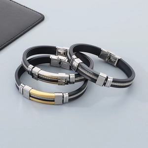 Men's hip-hop silicone stainless steel bracelets in gold, silver, and black colors